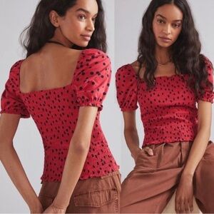 Dolan Anthropologie Smocked Polka Dot Puff Sleeve Red Black Shirt XS Cotton